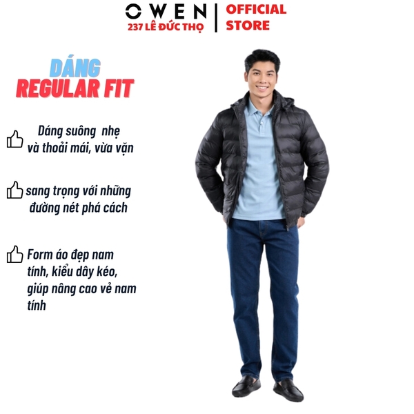 Áo Khoác Jacket Owen JK231608 màu đen trơn dáng regular fit có mũ có thể tháo rời áo lông vũ chất liệu Polyester