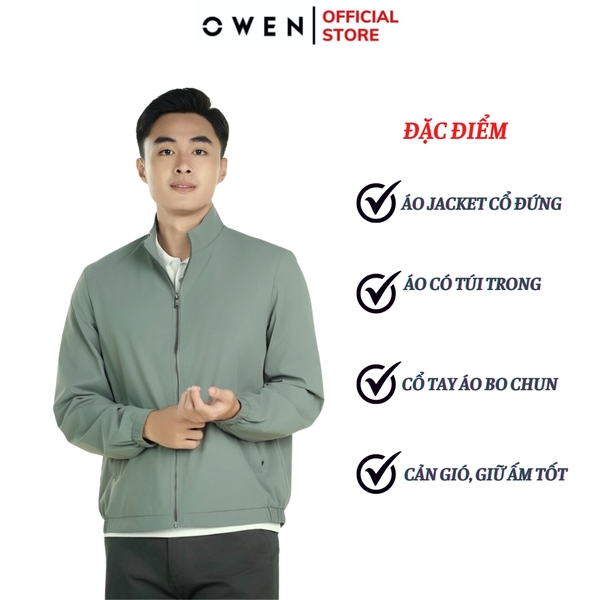 Áo Khoác Jacket Owen JK241473 màu xám dáng regular fit, cổ cao 3 phân, khóa kéo, tay và gấu bo chun chất liệu polyester