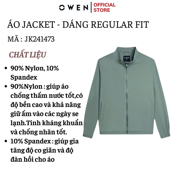 Áo Khoác Jacket Owen JK241473 màu xám dáng regular fit, cổ cao 3 phân, khóa kéo, tay và gấu bo chun chất liệu polyester
