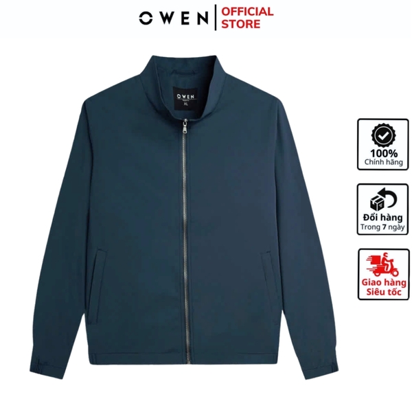Áo Khoác Jacket Owen JK241474 màu xanh đậm dáng regular fit, cổ cao 3 phân, khóa kéo, tay và gấu bo chun chất liệu polyester