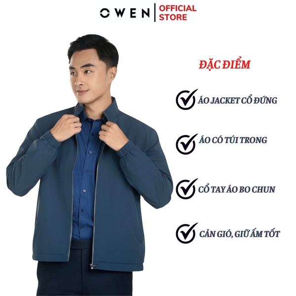 Áo Khoác Jacket Owen JK241474 màu xanh đậm dáng regular fit, cổ cao 3 phân, khóa kéo, tay và gấu bo chun chất liệu polyester