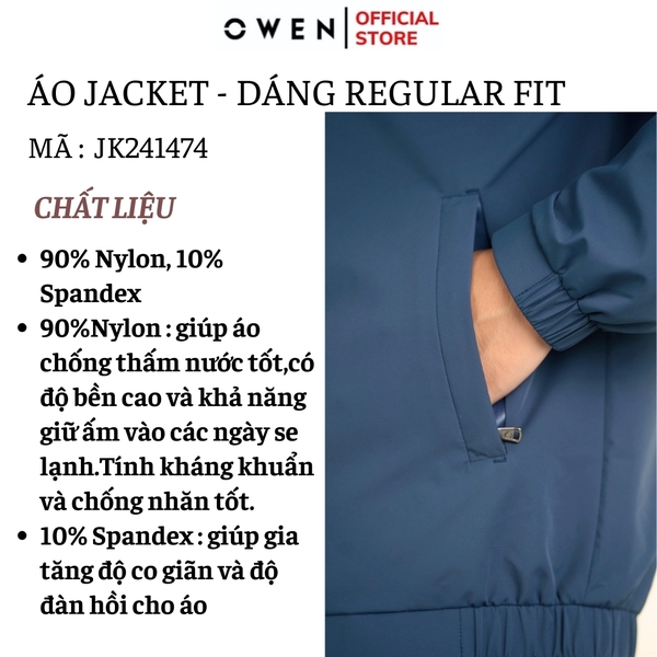 Áo Khoác Jacket Owen JK241474 màu xanh đậm dáng regular fit, cổ cao 3 phân, khóa kéo, tay và gấu bo chun chất liệu polyester