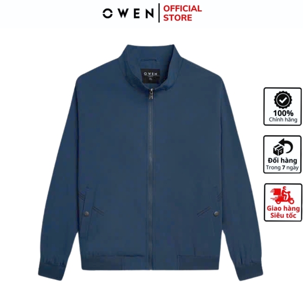 Áo Khoác Jacket Owen JK241476 màu xanh đậm dáng regular fit, cổ cao 3 phân, khóa kéo, tay và gấu bo chun chất liệu polyester