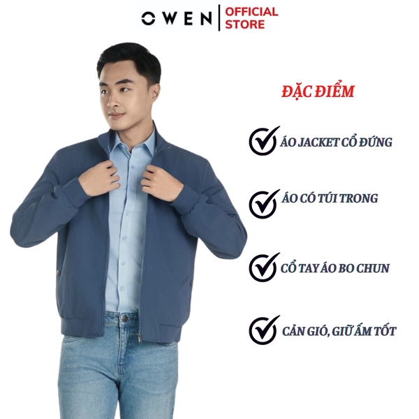 Áo Khoác Jacket Owen JK241476 màu xanh đậm dáng regular fit, cổ cao 3 phân, khóa kéo, tay và gấu bo chun chất liệu polyester