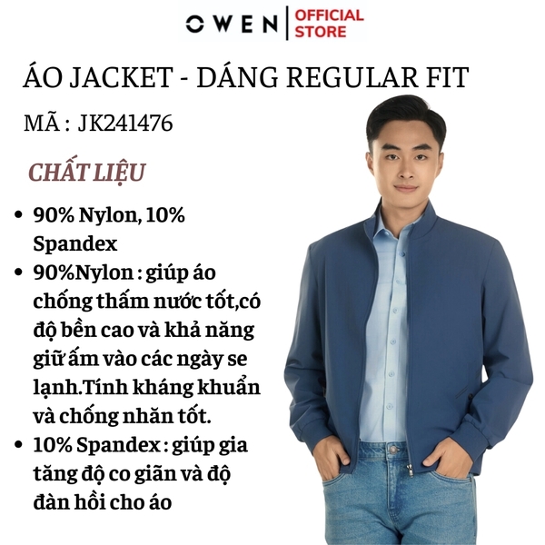 Áo Khoác Jacket Owen JK241476 màu xanh đậm dáng regular fit, cổ cao 3 phân, khóa kéo, tay và gấu bo chun chất liệu polyester