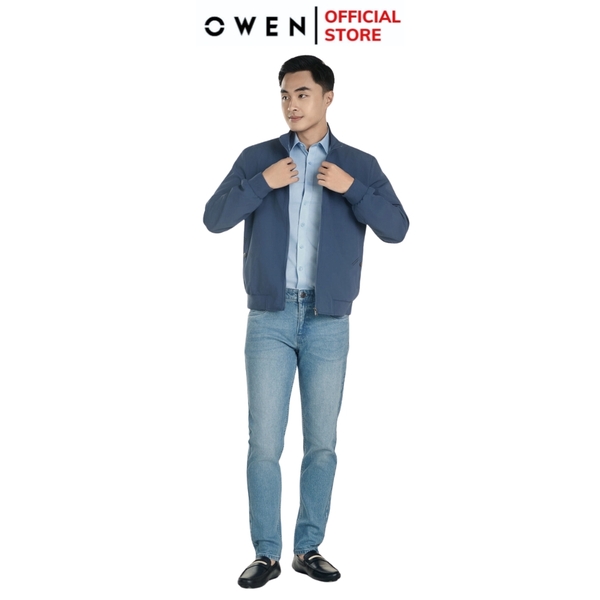Áo Khoác Jacket Owen JK241476 màu xanh đậm dáng regular fit, cổ cao 3 phân, khóa kéo, tay và gấu bo chun chất liệu polyester
