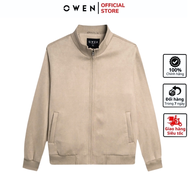 Áo Khoác Jacket Owen JK241482 màu be trơn da lộn dáng regular fit, cổ cao 3 phân, khóa kéo, tay và gấu bo chun chất liệu polyester