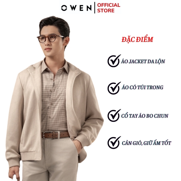 Áo Khoác Jacket Owen JK241482 màu be trơn da lộn dáng regular fit, cổ cao 3 phân, khóa kéo, tay và gấu bo chun chất liệu polyester