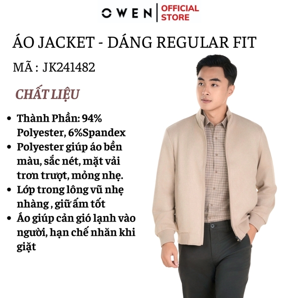 Áo Khoác Jacket Owen JK241482 màu be trơn da lộn dáng regular fit, cổ cao 3 phân, khóa kéo, tay và gấu bo chun chất liệu polyester