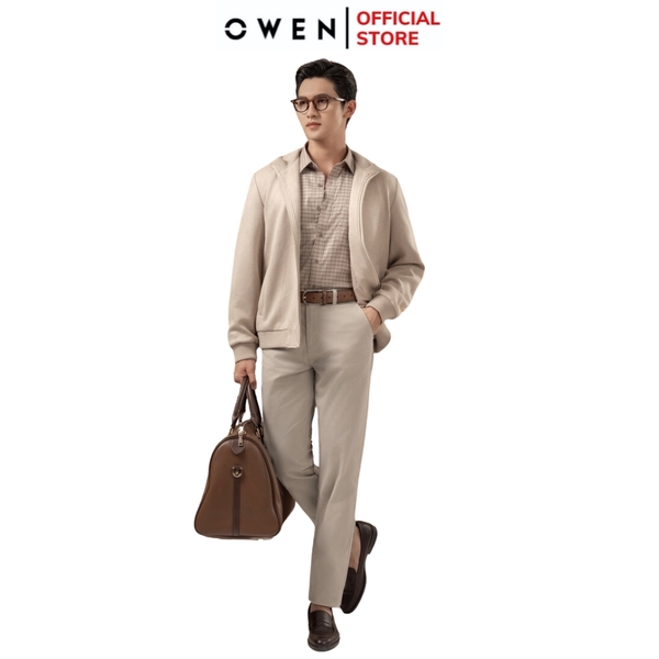 Áo Khoác Jacket Owen JK241482 màu be trơn da lộn dáng regular fit, cổ cao 3 phân, khóa kéo, tay và gấu bo chun chất liệu polyester