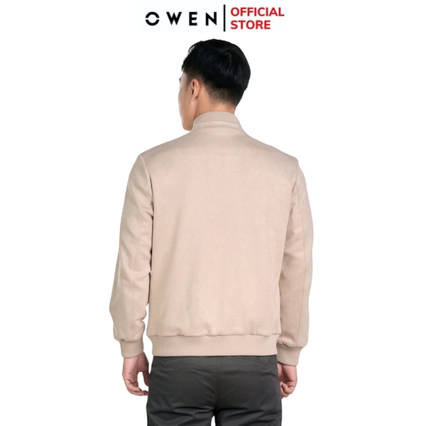 Áo Khoác Jacket Owen JK241482 màu be trơn da lộn dáng regular fit, cổ cao 3 phân, khóa kéo, tay và gấu bo chun chất liệu polyester