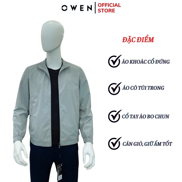 Áo Khoác Jacket Owen JK241483 màu xám nhạt dáng regular fit, cổ cao 3 phân, khóa kéo, tay và gấu bo  chất liệu polyester