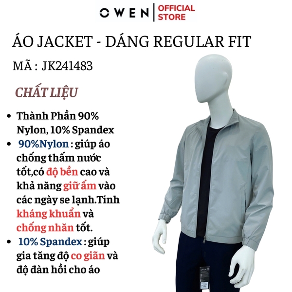 Áo Khoác Jacket Owen JK241483 màu xám nhạt dáng regular fit, cổ cao 3 phân, khóa kéo, tay và gấu bo  chất liệu polyester