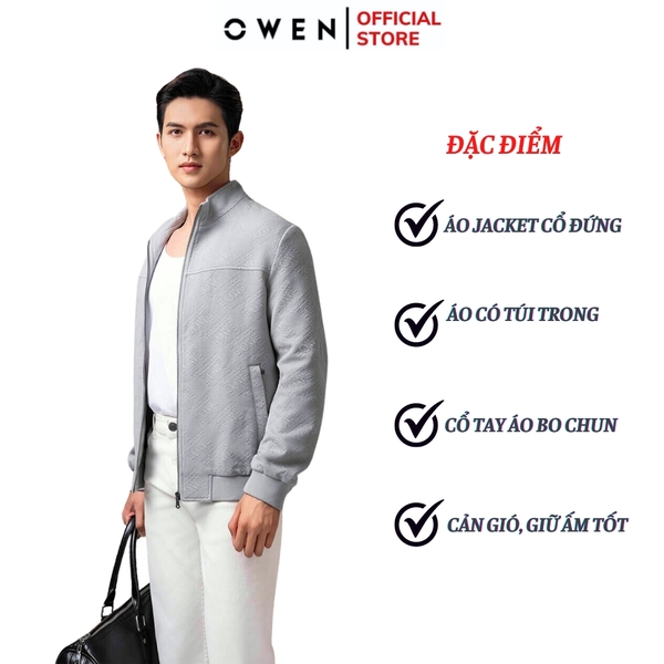 Áo Khoác Jacket Owen JK241485 màu xám nhạt họa tiết chữ in dáng regular fit, cổ cao 3 phân, khóa kéo, tay và gấu bo chun chất liệu polyester