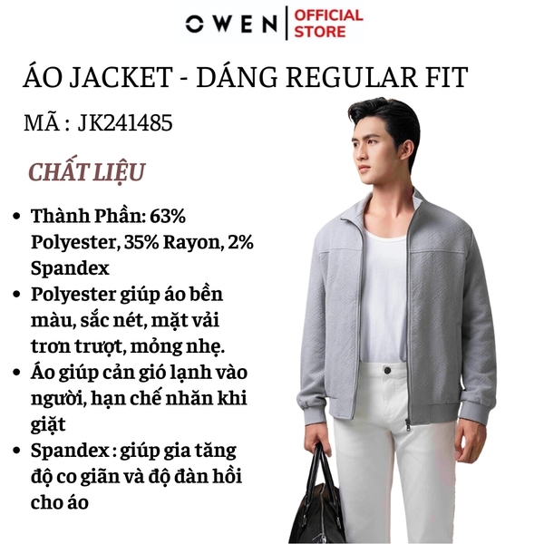 Áo Khoác Jacket Owen JK241485 màu xám nhạt họa tiết chữ in dáng regular fit, cổ cao 3 phân, khóa kéo, tay và gấu bo chun chất liệu polyester