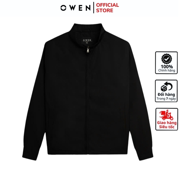 Áo Khoác Jacket Owen JK241486 màu đen dáng regular fit, cổ cao 3 phân, khóa kéo, tay và gấu bo chun chất liệu polyester