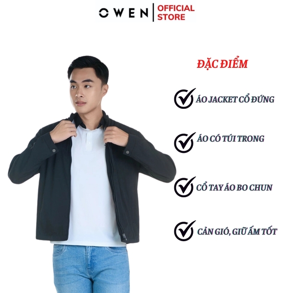 Áo Khoác Jacket Owen JK241486 màu đen dáng regular fit, cổ cao 3 phân, khóa kéo, tay và gấu bo chun chất liệu polyester