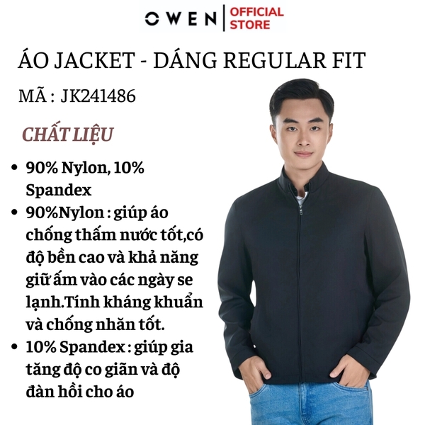 Áo Khoác Jacket Owen JK241486 màu đen dáng regular fit, cổ cao 3 phân, khóa kéo, tay và gấu bo chun chất liệu polyester
