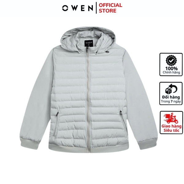 Áo Khoác Jacket Owen JK241489 màu be dáng regular fit, cổ cao 3 phân có mũ tháo rời được, khóa kéo, tay và gấu bo chun chất liệu polyester