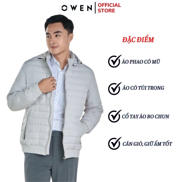 Áo Khoác Jacket Owen JK241489 màu be dáng regular fit, cổ cao 3 phân có mũ tháo rời được, khóa kéo, tay và gấu bo chun chất liệu polyester
