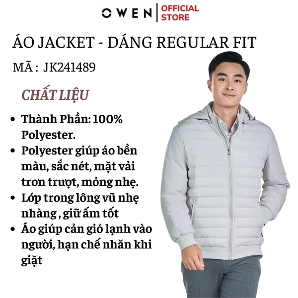Áo Khoác Jacket Owen JK241489 màu be dáng regular fit, cổ cao 3 phân có mũ tháo rời được, khóa kéo, tay và gấu bo chun chất liệu polyester