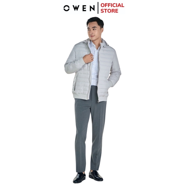 Áo Khoác Jacket Owen JK241489 màu be dáng regular fit, cổ cao 3 phân có mũ tháo rời được, khóa kéo, tay và gấu bo chun chất liệu polyester