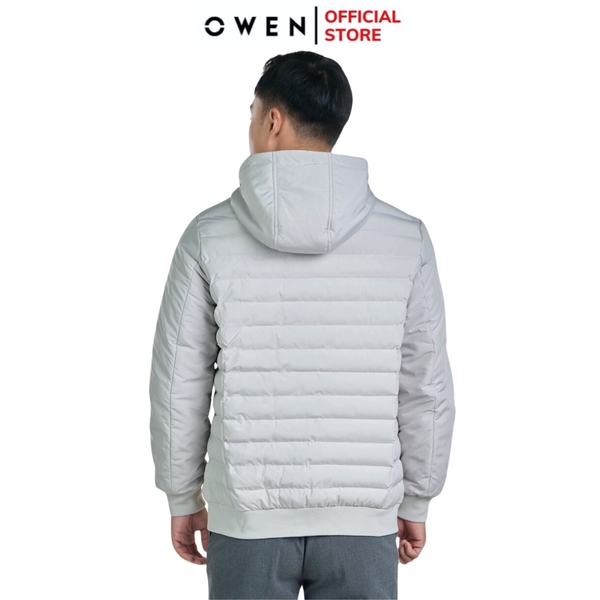 Áo Khoác Jacket Owen JK241489 màu be dáng regular fit, cổ cao 3 phân có mũ tháo rời được, khóa kéo, tay và gấu bo chun chất liệu polyester