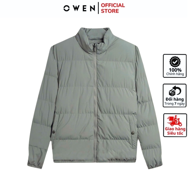 Áo Khoác Jacket Owen JK241496 màu xám chần bông dáng regular fit, cổ cao 3 phân, khóa kéo, tay và gấu bo  chất liệu polyester