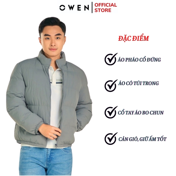 Áo Khoác Jacket Owen JK241496 màu xám chần bông dáng regular fit, cổ cao 3 phân, khóa kéo, tay và gấu bo  chất liệu polyester