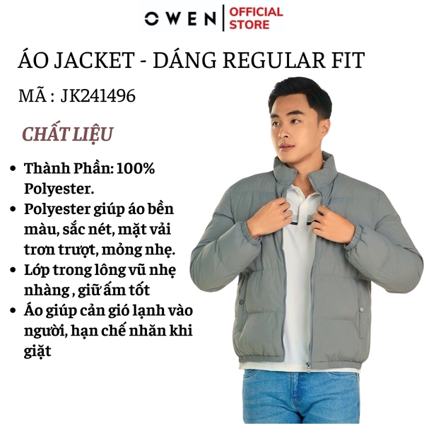 Áo Khoác Jacket Owen JK241496 màu xám chần bông dáng regular fit, cổ cao 3 phân, khóa kéo, tay và gấu bo  chất liệu polyester