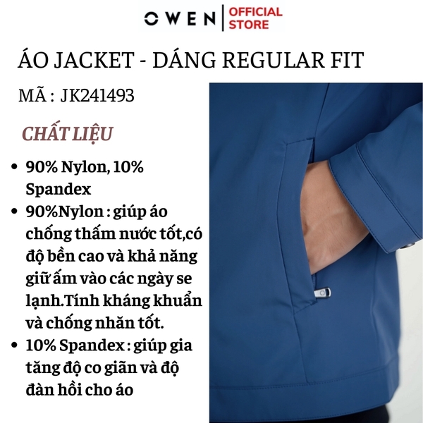 Áo Khoác Jacket Owen JK241493 màu xanh đậm dáng regular fit, cổ bẻ, khóa kéo, tay và gấu suông chất liệu polyester