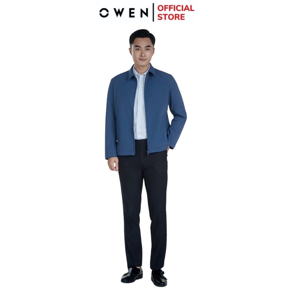 Áo Khoác Jacket Owen JK241493 màu xanh đậm dáng regular fit, cổ bẻ, khóa kéo, tay và gấu suông chất liệu polyester