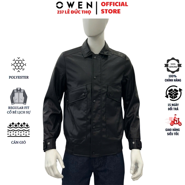 Áo khoác Jacket Owen JK256066 màu đen dáng suông regular fit chất liệu PU