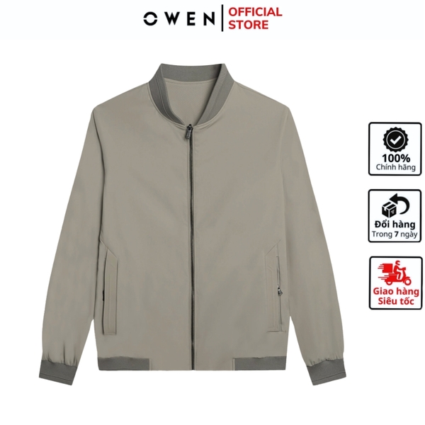 Áo khoác Jacket Owen JK256071 màu be dáng suông regular fit cổ bomber, bo tay, bo gấu, túi áo có khóa kéo chất liệu Nylon Spandex