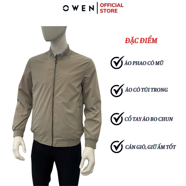 Áo khoác Jacket Owen JK256071 màu be dáng suông regular fit cổ bomber, bo tay, bo gấu, túi áo có khóa kéo chất liệu Nylon Spandex