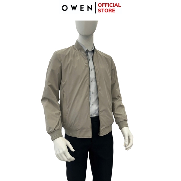 Áo khoác Jacket Owen JK256071 màu be dáng suông regular fit cổ bomber, bo tay, bo gấu, túi áo có khóa kéo chất liệu Nylon Spandex