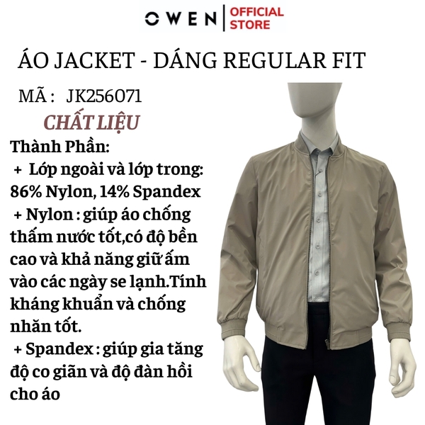 Áo khoác Jacket Owen JK256071 màu be dáng suông regular fit cổ bomber, bo tay, bo gấu, túi áo có khóa kéo chất liệu Nylon Spandex