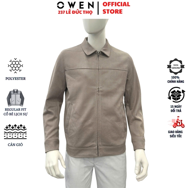 Áo Khoác Jacket Owen JK256072 màu be dáng regular fit cổ bẻ, khóa kéo, cổ tay áo có cúc bấm,bo gấu chất liệu Nylon Spandex