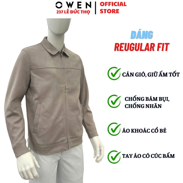 Áo Khoác Jacket Owen JK256072 màu be dáng regular fit cổ bẻ, khóa kéo, cổ tay áo có cúc bấm,bo gấu chất liệu Nylon Spandex