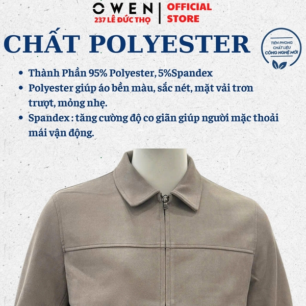 Áo Khoác Jacket Owen JK256072 màu be dáng regular fit cổ bẻ, khóa kéo, cổ tay áo có cúc bấm,bo gấu chất liệu Nylon Spandex