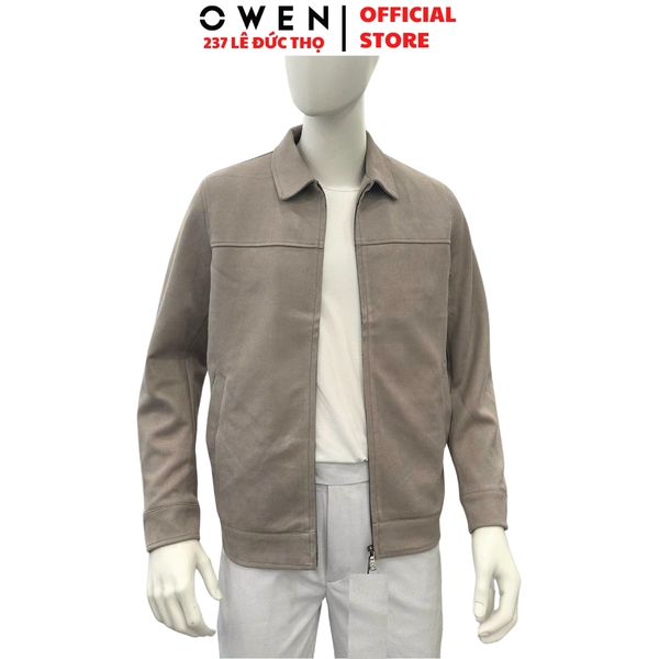 Áo Khoác Jacket Owen JK256072 màu be dáng regular fit cổ bẻ, khóa kéo, cổ tay áo có cúc bấm,bo gấu chất liệu Nylon Spandex