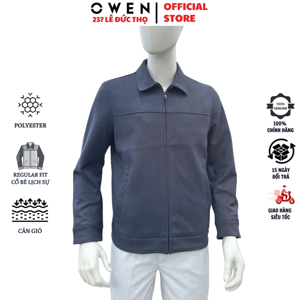 Áo Khoác Jacket Owen JK256073 màu xanh dáng regular fit cổ bẻ, khóa kéo, cổ tay áo có cúc bấm,bo gấu chất liệu Nylon Spandex