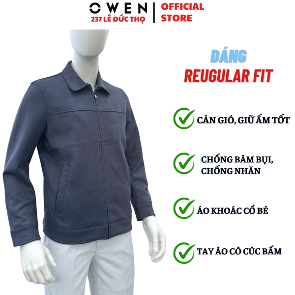 Áo Khoác Jacket Owen JK256073 màu xanh dáng regular fit cổ bẻ, khóa kéo, cổ tay áo có cúc bấm,bo gấu chất liệu Nylon Spandex