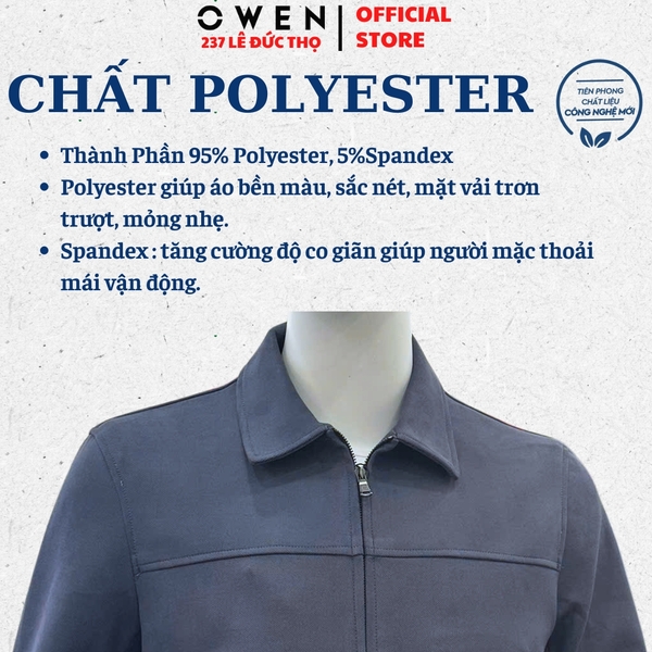 Áo Khoác Jacket Owen JK256073 màu xanh dáng regular fit cổ bẻ, khóa kéo, cổ tay áo có cúc bấm,bo gấu chất liệu Nylon Spandex