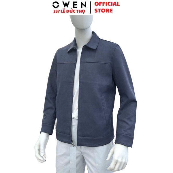 Áo Khoác Jacket Owen JK256073 màu xanh dáng regular fit cổ bẻ, khóa kéo, cổ tay áo có cúc bấm,bo gấu chất liệu Nylon Spandex
