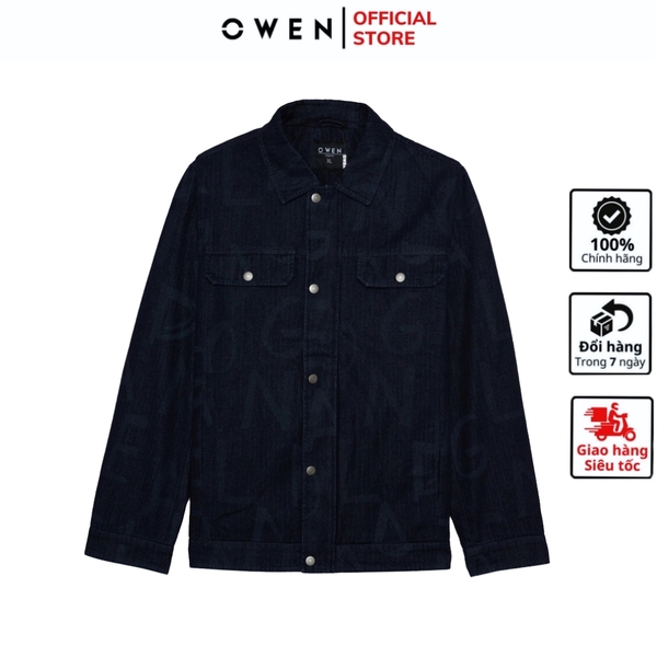 Áo khoác Jacket Owen JK256077 màu xanh đậm dáng suông regular fit cúc bấm, cổ bẻ, cổ tay, túi áo có cúc bấm chất liệu cotton spandex