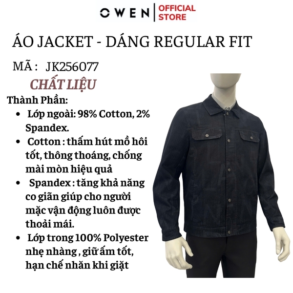 Áo khoác Jacket Owen JK256077 màu xanh đậm dáng suông regular fit cúc bấm, cổ bẻ, cổ tay, túi áo có cúc bấm chất liệu cotton spandex