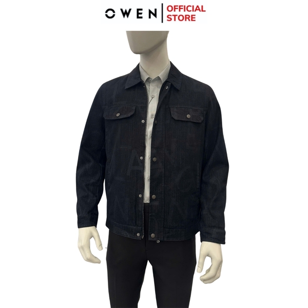 Áo khoác Jacket Owen JK256077 màu xanh đậm dáng suông regular fit cúc bấm, cổ bẻ, cổ tay, túi áo có cúc bấm chất liệu cotton spandex