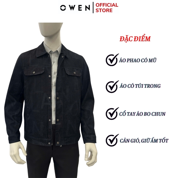 Áo khoác Jacket Owen JK256077 màu xanh đậm dáng suông regular fit cúc bấm, cổ bẻ, cổ tay, túi áo có cúc bấm chất liệu cotton spandex