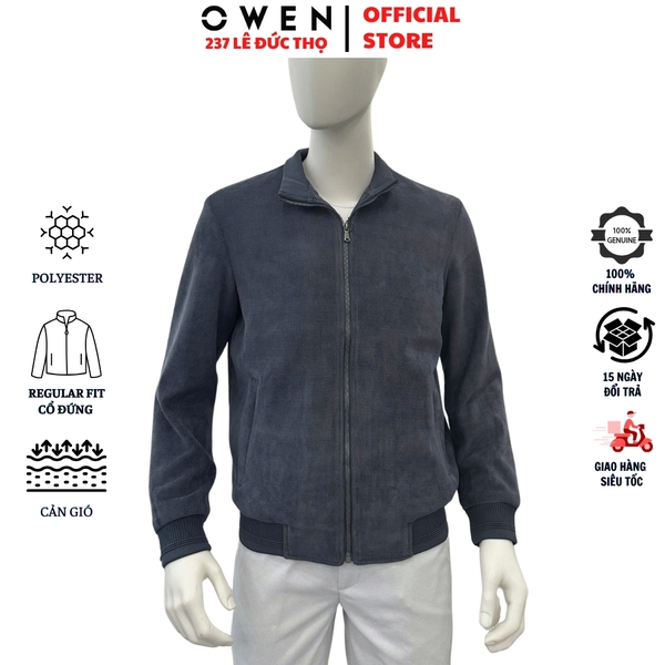 Áo Khoác Jacket Owen JK256180 màu xám dáng regular fit, cổ cao 3 phân, khóa kéo, tay và gấu bo chun chất liệu Nylon Spandex